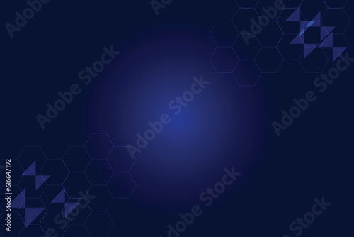 Blue technology with shape of hexagon and particles element. Negative and blank space.