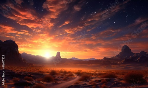  a desert scene with a sunset and a trail leading to a mountain. generative ai