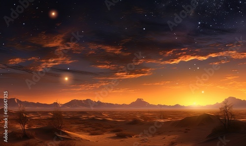  a desert scene with mountains and a star filled sky at sunset. generative ai