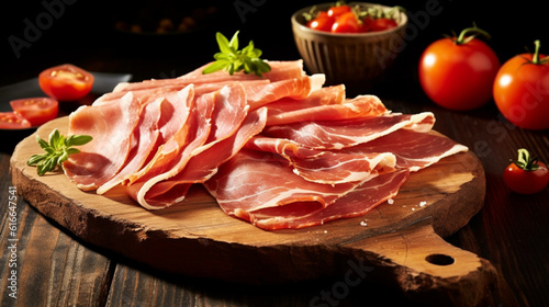 Feinschmecker-Traum: Prosciutto crudo auf rustikalem Holzbrett photo