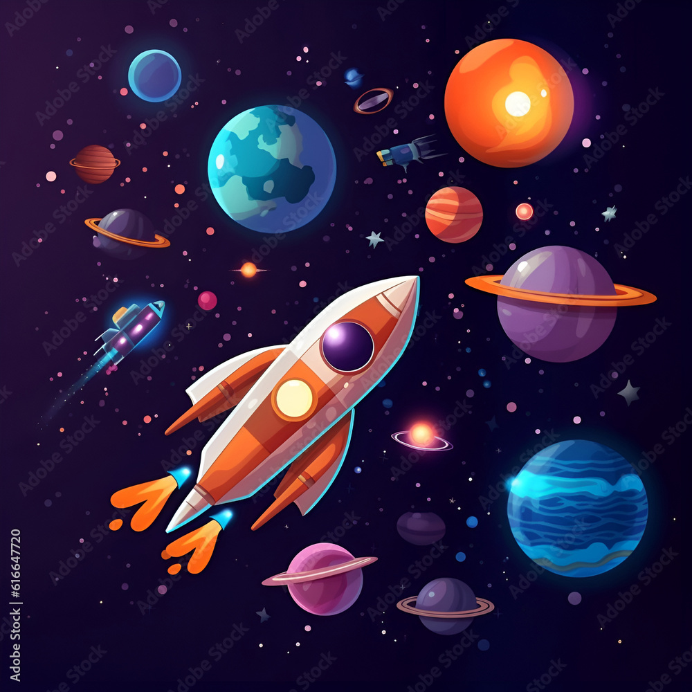 Cartoon illustration Of Space. Space flat background with rocket, planets and stars. Galaxy illustration for kids. Generative AI Cartoon illustration Of Space. Space flat background with rocket, planets and stars. Galaxy illustration for kids. Generative AI