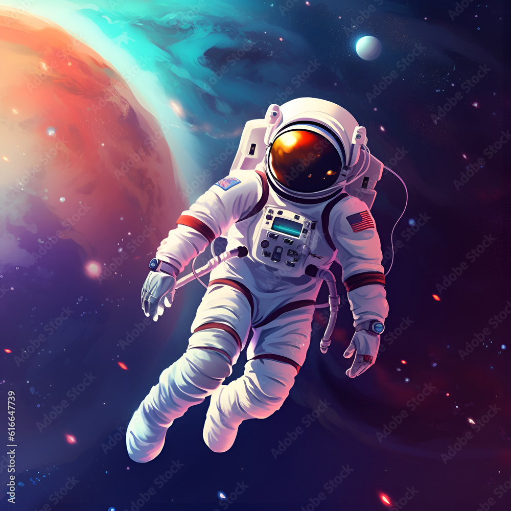 Cartoon illustration Of Space. Space flat background with astronaut, planets and stars. Galaxy illustration for kids. Generative AI Cartoon illustration Of Space. Space flat background with astronaut, planets and stars. Galaxy illustration for kids. Generative AI