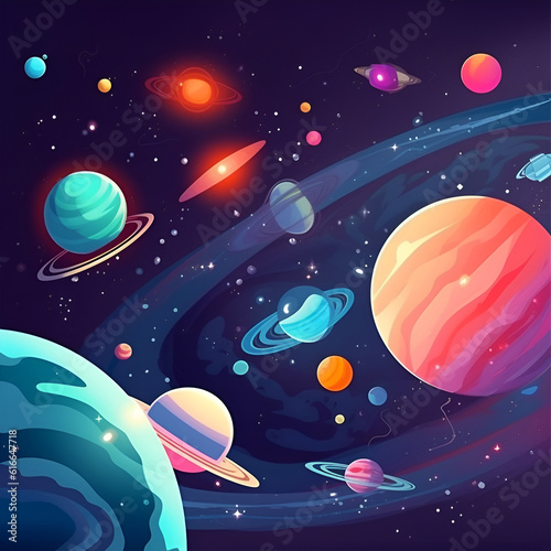 Cartoon illustration Of Space. Space flat background with planets and stars. Galaxy illustration for kids. Generative AI