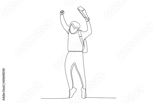 Continuous line drawing of young happy male student jumping to celebrate his final exam result graduation hand drawn art
