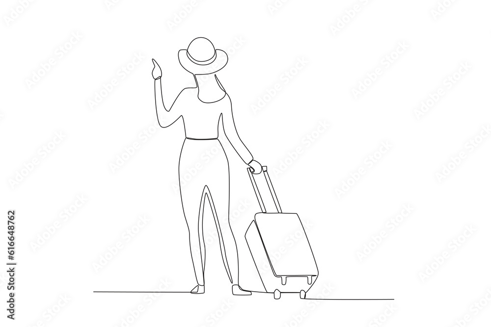 One line drawing ofback view of a woman carrying a suitcase going on a trip concept. continuous line graphic draw design vector illustration
