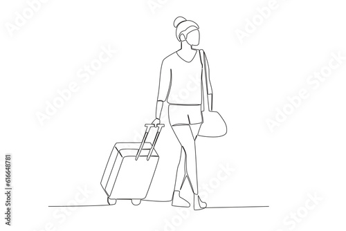One line drawing ofa tourist woman walks while pulling her suitcase concept. continuous line graphic draw design vector illustration 