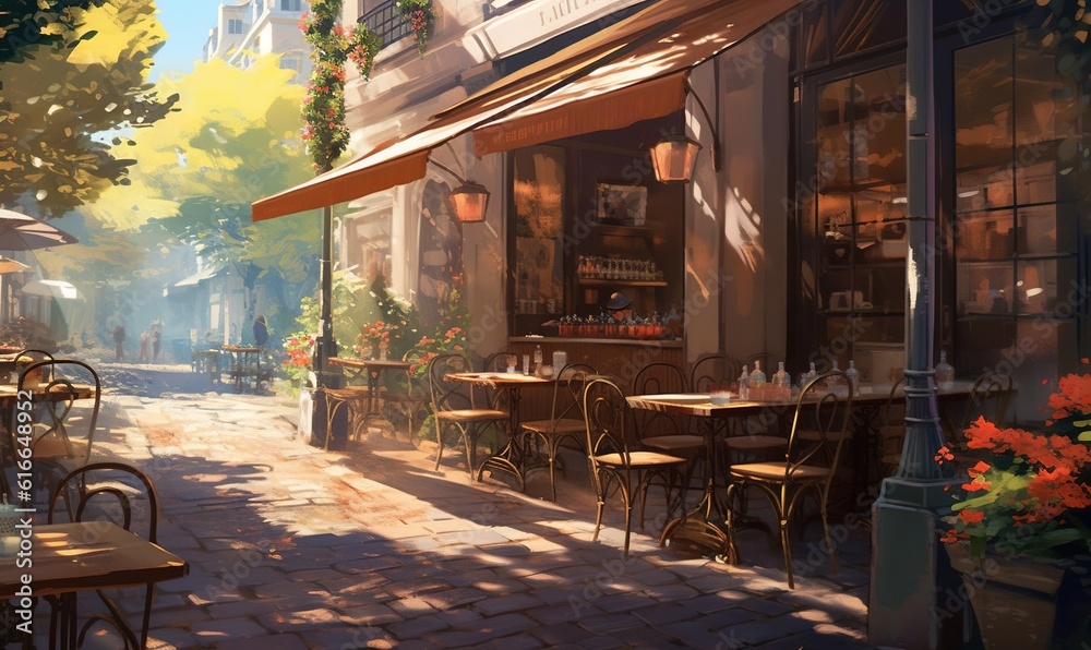  a painting of a street cafe with tables and umbrellas.  generative ai