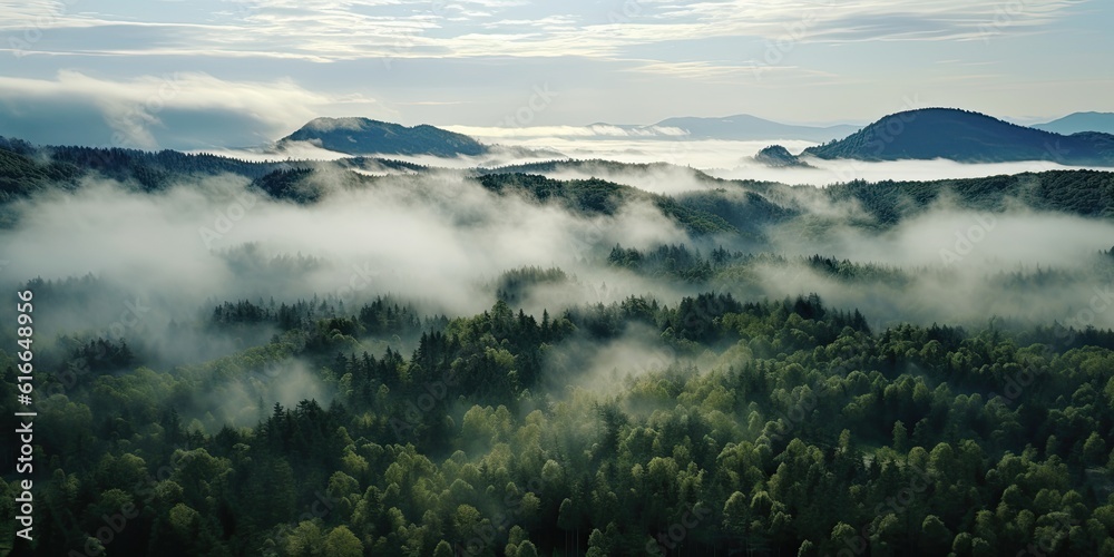 Unveiling Nature's Tapestry: Stunning Drone Photography of Green Woodlands, Cloud-Adorned Canopies, and Tranquil Lakes. Generative AI