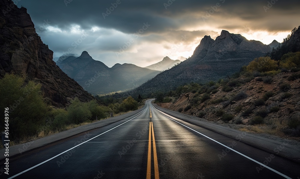  a long road with mountains in the background under a cloudy sky.  generative ai
