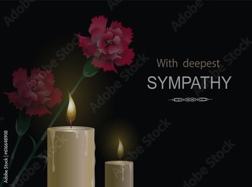 Red carnation flowers mourning bouquet and two burning candles close-up on the black background. Vector conceptual illustration with the inscription With deepest sympathy and place for additional text
