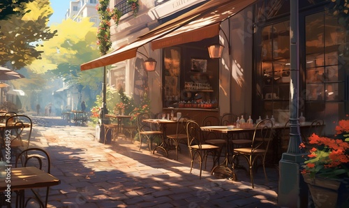  a painting of a street cafe with tables and umbrellas. generative ai