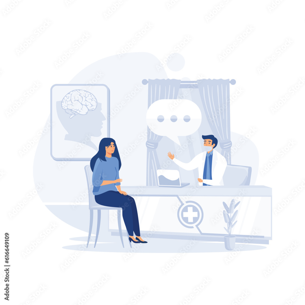clinic workspace concept, Doctor in mask consulting female patient, flat vector modern illustration
