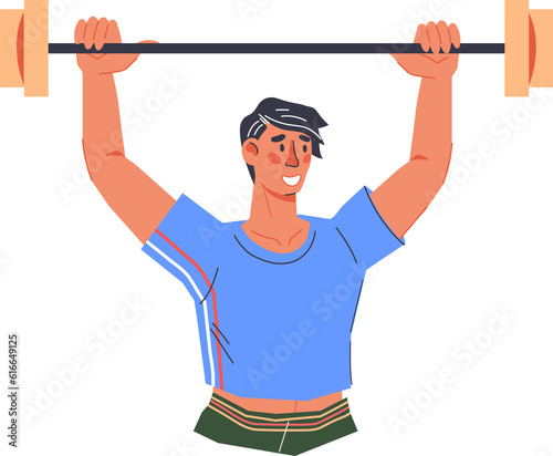 Athletic man or sportsman with barbell. Bodybuilding or gym personage for fitness club and sport training theme.
