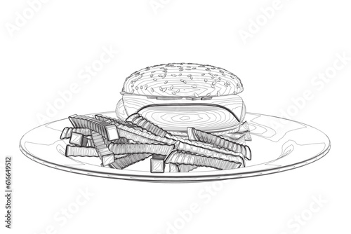 Outline cheeseburger on plate. Contour Big humburger with cutlets, cheese, tomatoes, lettuce. american food. Vector illustration element with humburger. Hand drawn food. Icon, symbol, logo.