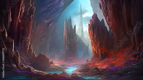 Fantastic canyon landscape. Rocky mountain, cliffs, huge stones, fairy cave. Fantasy AI illustration. For adventure game background. 