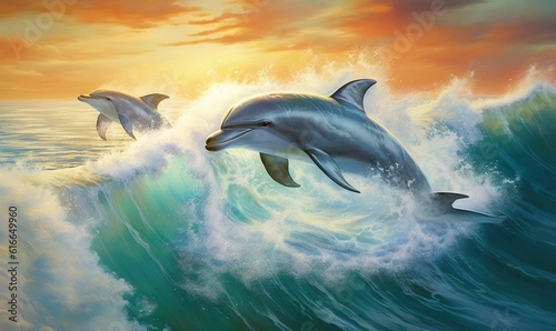  a painting of two dolphins jumping out of the water at sunset.  generative ai