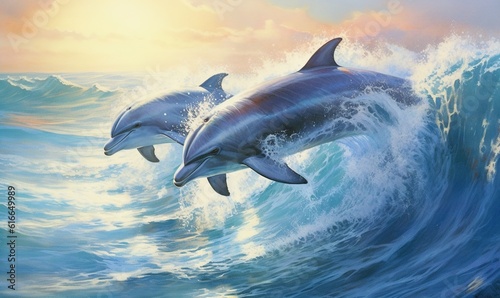  a painting of two dolphins jumping out of the ocean water. generative ai