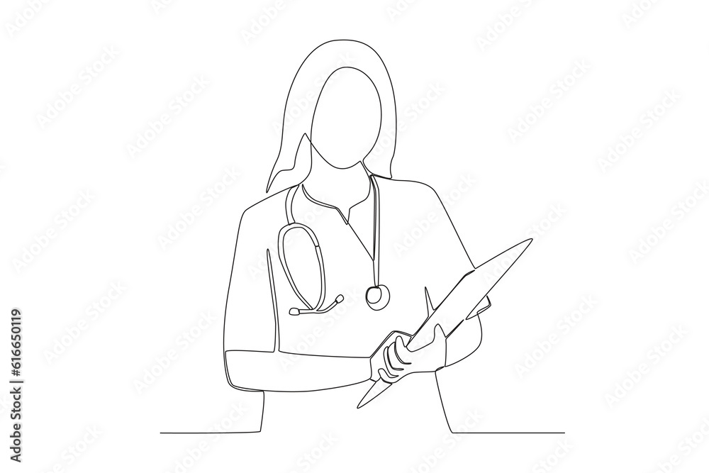 Single continuous line drawing of young female doctor standing and holding clipboard to check sick patient condition at hospital. Medical health care concept one line draw design vector illustration
Single continuous line drawing of young female doctor standing and holding clipboard to check sick patient condition at hospital. Medical health care concept one line draw design vector illustration