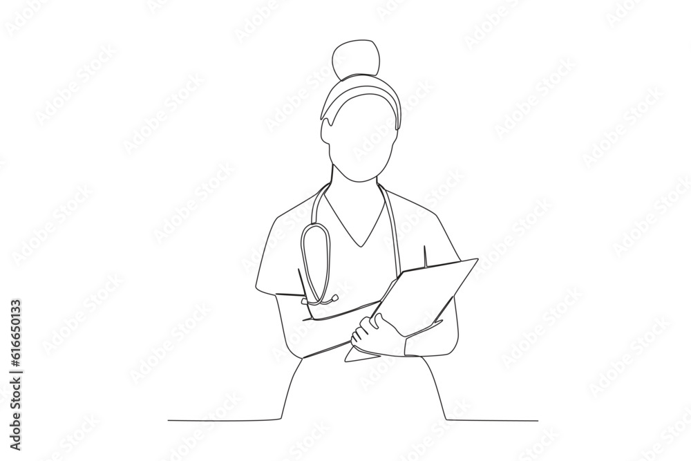 One single line drawing of young nurse writing medical report on clipboard at hospital. Medical health care concept continuous line draw design vector illustration
One single line drawing of young nurse writing medical report on clipboard at hospital. Medical health care concept continuous line draw design vector illustration
