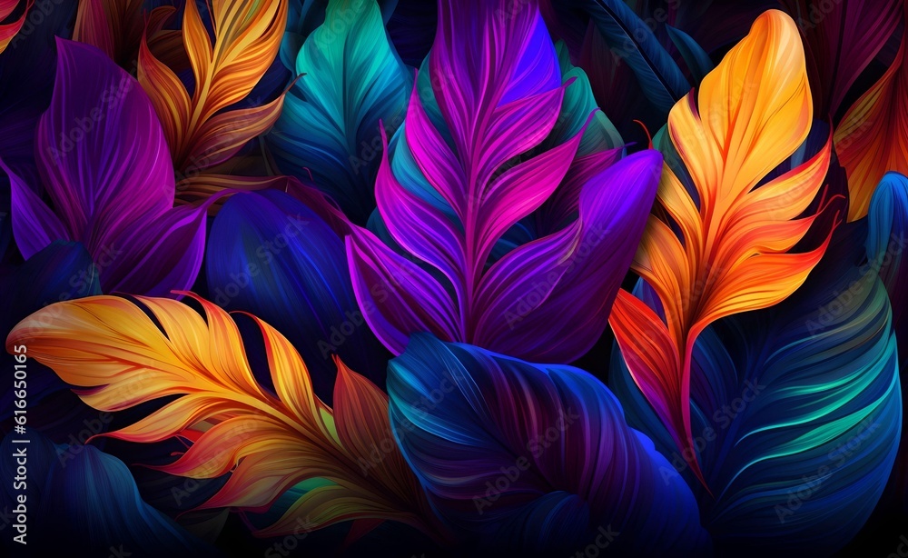 Lush colorful tropical leaves, dark background, neon colorful lights. Generative AI.