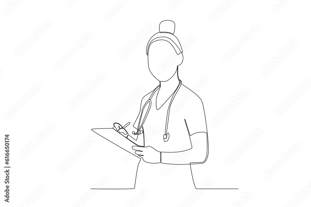 One single line drawing of young nurse writing medical report looking pose on clipboard at hospital. Medical health care concept continuous line draw design vector illustration
