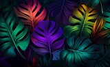 Lush colorful tropical leaves, dark background, neon colorful lights. Generative AI.