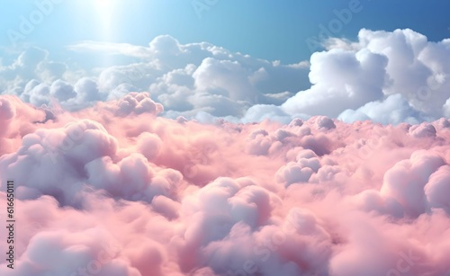 Pink clouds in the sky stage fluffy cotton candy dream fantasy soft background. Generative AI.
