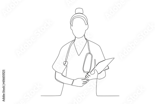 One single line drawing of young nurse writing medical repor. nurse with sthetoscope on neck holding clipboard in hospital. Medical health care concept continuous line draw design vector
 photo