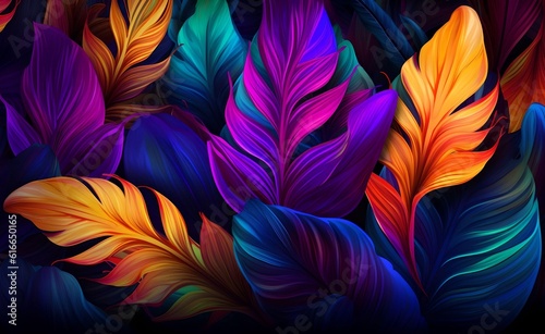 Lush colorful tropical leaves, dark background, neon colorful lights. Generative AI. © Curioso.Photography
