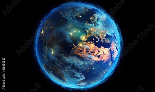  a blue and black earth with a lot of lights on it. generative ai