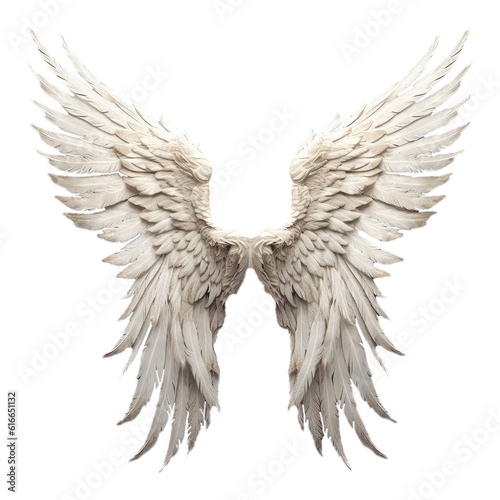 Pair of white realistic angel wings with feathers isolated on transparent background, angel/birdstyle, Generative AI