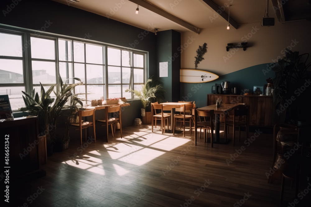 Cafe in the tropical country of Bali, Thailand, Philippines with an interior decorated on the theme of surfing. Inside the surfboard and beautiful natural light. Generative AI