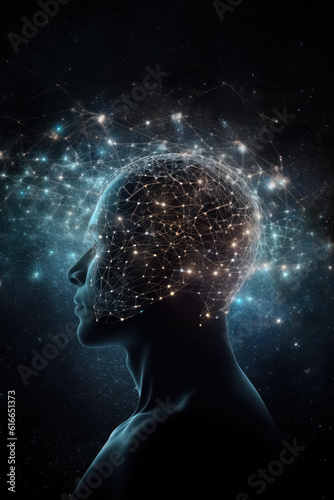 Human head with glowing dots and lines, neural connections. Interaction of people, knowledge of the world and the universe through cosmic energies. Generative AI