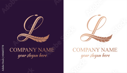 L logo. Letter with feather for writer, blog, newspaper. Personal monogram. Vector elegant logo. letter L logo design letter L