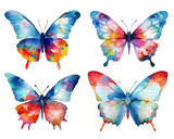 Set with colored watercolor butterflies isolated on transparent background