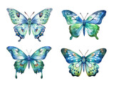 Set with green watercolor butterflies isolated on transparent background