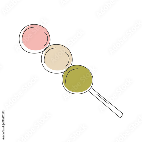 Asian street food. Small pieces of mochi on wooden sticks in caramel dango syrup. Fast food. Duddle style. Menu design of a restaurant, cafe, diner. Vector illustration. photo