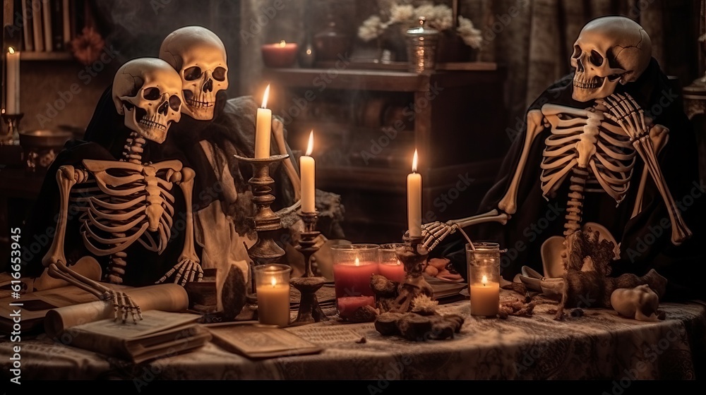 Skeletons at the cemetery at the table. halloween, illustration, clip art. Generative AI
