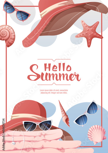 Flyer design with summer accessories. Beach hat, sunglasses, towel, seashells.Beach vibe, summer time. Banner poster, background for summer party, advertising promotion, invitation.