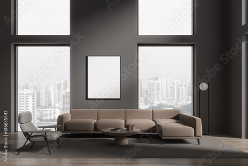 Photography Grey relax room interior couch and armchair on carpet near window, mockup frame