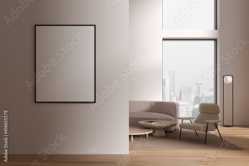 Photography Cozy living room interior couch and armchair near window, mockup frame