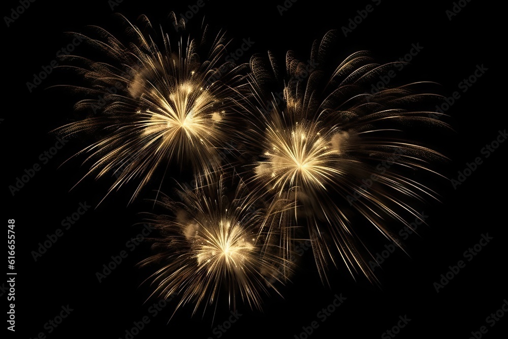 Golden Fireworks on Black Background Isolated. Celebration and Light. Generative AI illustrations