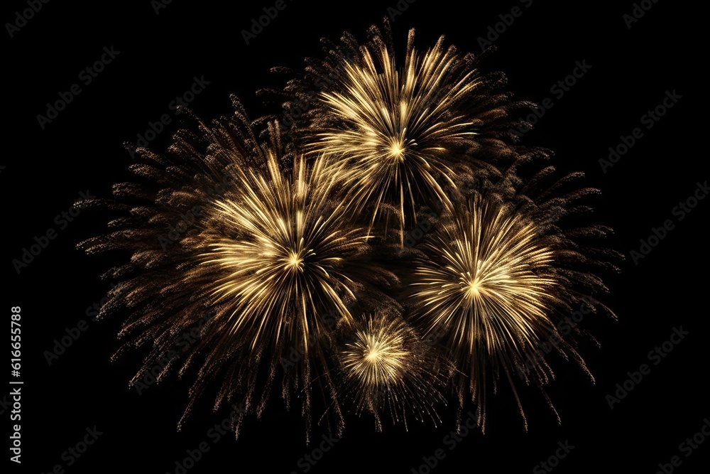 Golden Fireworks on Black Background Isolated. Celebration and Light. Generative AI illustrations Golden Fireworks on Black Background Isolated. Celebration and Light. Generative AI illustrations