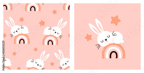 Seamless pattern with sleeping bunny rabbit cartoons, stars and rainbows on pink background vector illustration. Cute childish print.