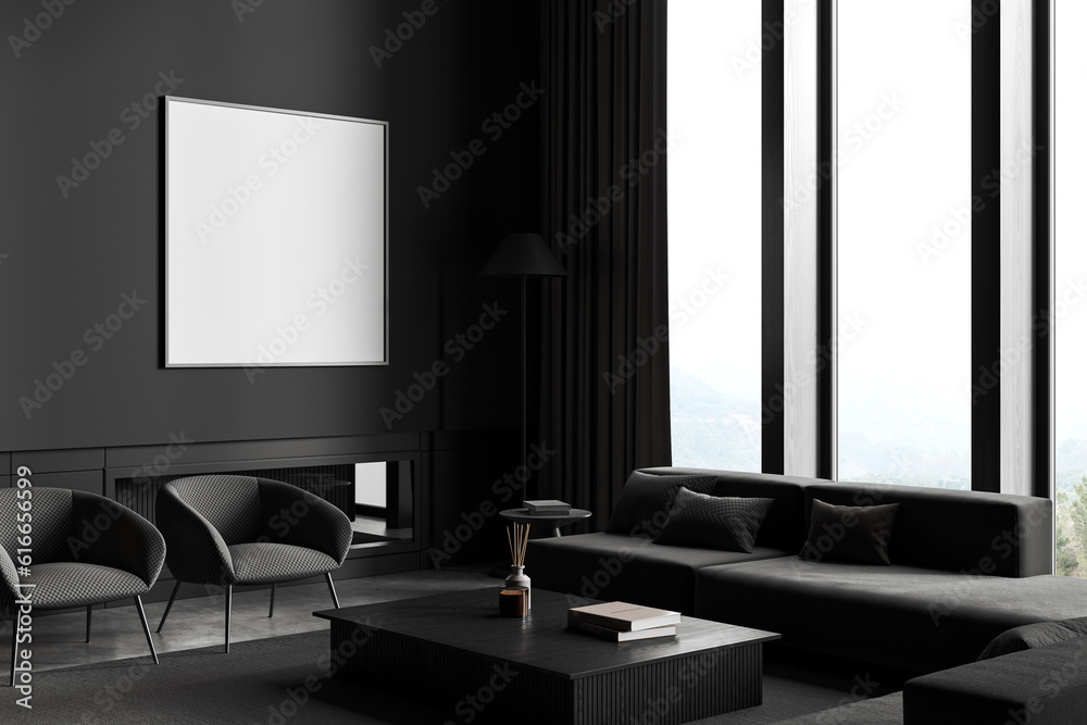 Gray living room interior with sofa, armchairs and poster Gray living room interior with sofa, armchairs and poster