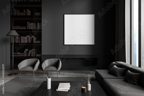 Grey chill room interior armchairs  couch and library with window. Mock up frame