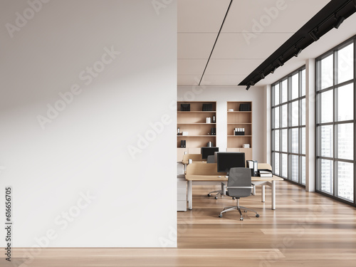 Billede på lærred White open space office interior with blank wall