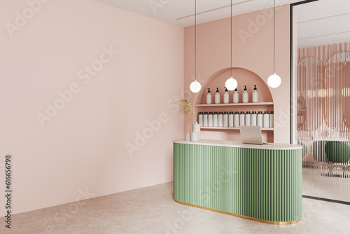 Luxury elegant salon with reception desk, shelf and mock up empty wall