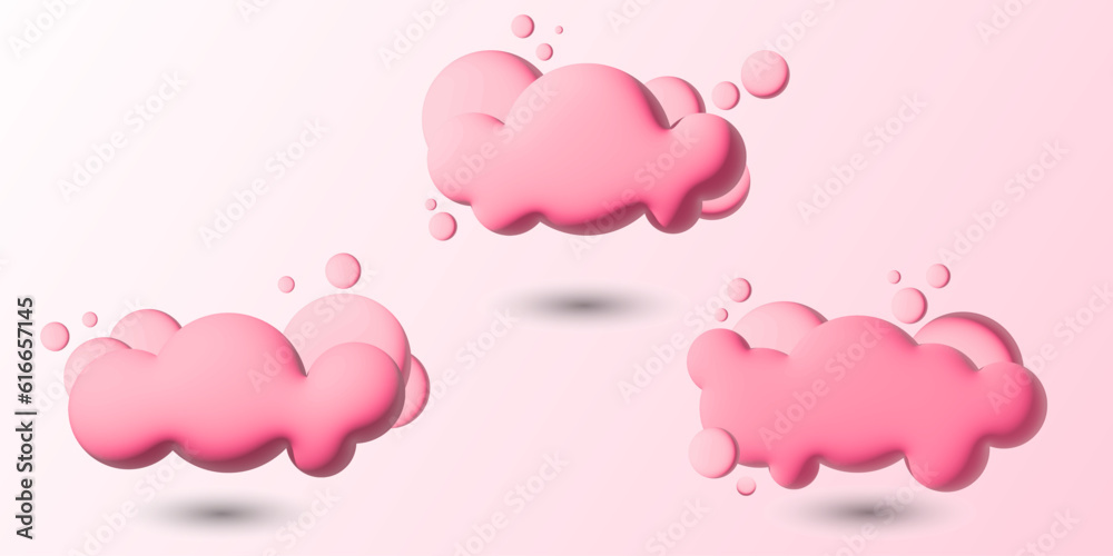 Pink 3d realistic clouds set isolated on a blue background. Render soft round cartoon fluffy clouds icon in the blue sky. 3d geometric shapes vector illustration
