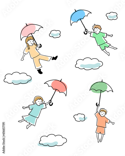 傘を持って飛んでいく子どもの線画イラスト